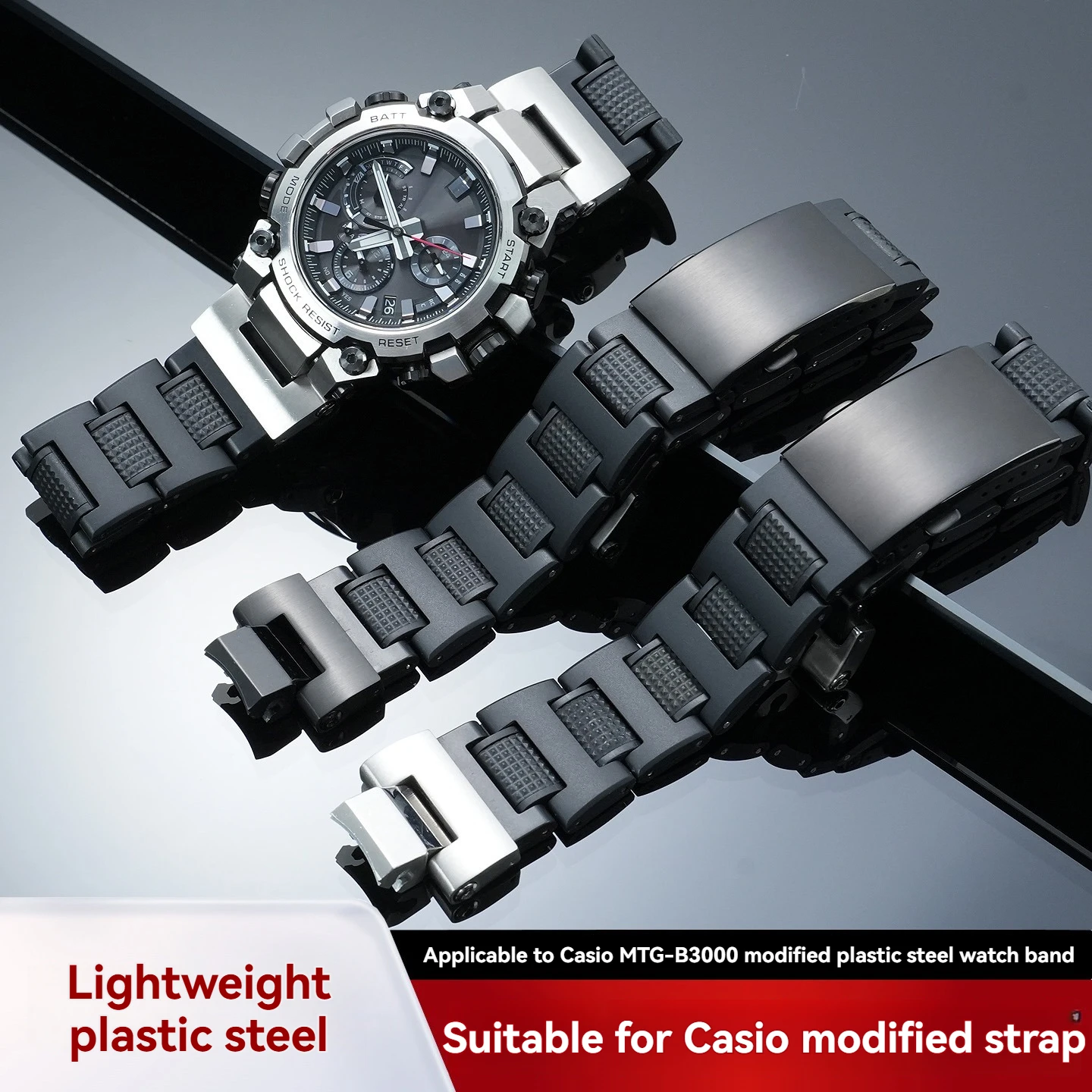 High-quality, lightweight plastic-steel watch strap for the Casio 5672, designed as an accessory for the MTG-B3000
High-quality, lightweight plastic-steel watch strap for the Casio 5672, designed as an accessory for the MTG-B3000