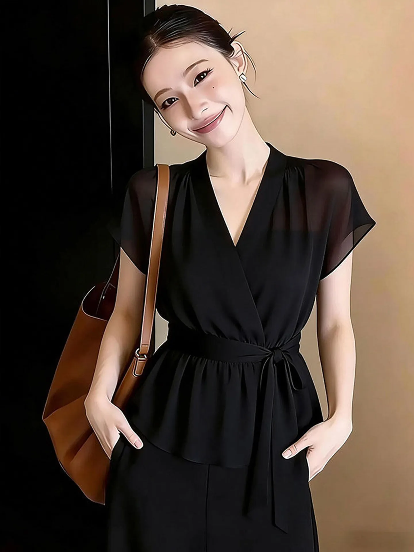 Elegant V-Neck Slimming Top Lightweight Short Sleeve Women's Shirt Fashionable Summer Casual Style Korean Version Straight Cut
Elegant V-Neck Slimming Top Lightweight Short Sleeve Women's Shirt Fashionable Summer Casual Style Korean Version Straight Cut