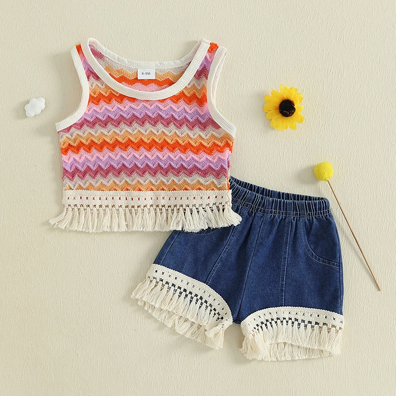 Listenwind Toddler Girl Summer Outfits Colorful Wave Stripe Tassel Hem Sleeveless Tank Tops Elastic Waist Denim Shorts 2Pcs Set
Listenwind Toddler Girl Summer Outfits Colorful Wave Stripe Tassel Hem Sleeveless Tank Tops Elastic Waist Denim Shorts 2Pcs Set