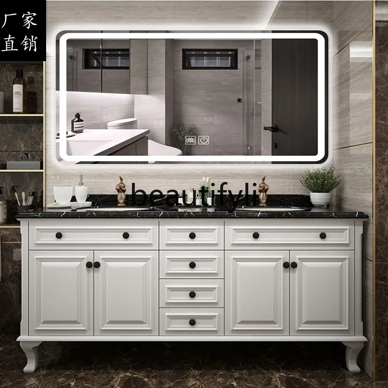 American bathroom smart mirror cabinet combination solid wood washstand bathroom floor double basin 
American bathroom smart mirror cabinet combination solid wood washstand bathroom floor double basin