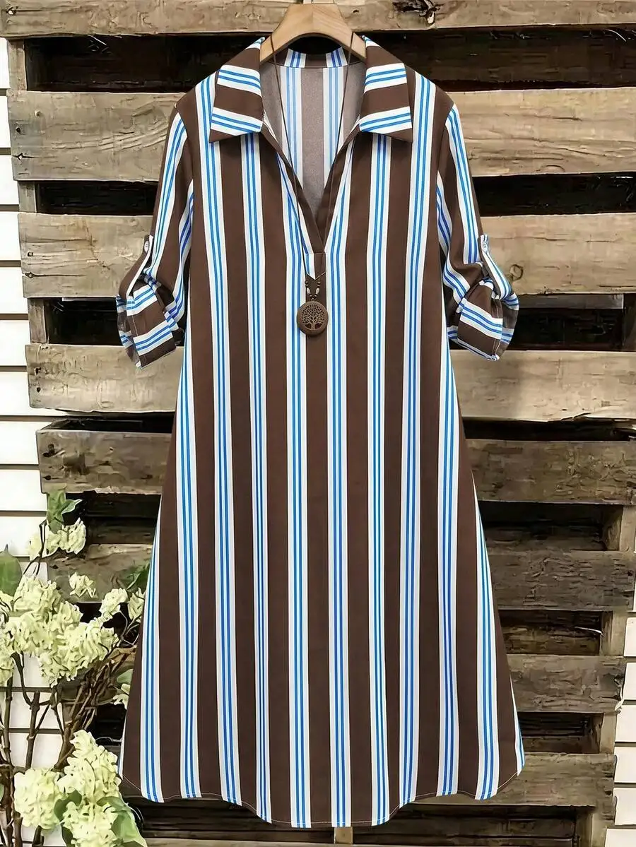 Womens Striped V-Neck Collared Tunic Dress Casual Long Sleeve Autumn
Womens Striped V-Neck Collared Tunic Dress Casual Long Sleeve Autumn