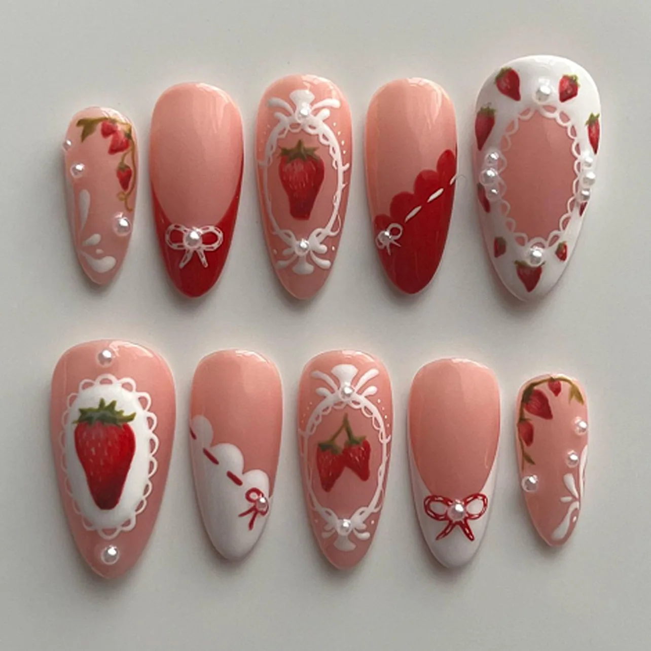 24pcs Pink Wearable False Nails Sets Strawberry Bow Short Fake Nail Art French Pearl Design Almond Press on Nails Tips Manicure
24pcs Pink Wearable False Nails Sets Strawberry Bow Short Fake Nail Art French Pearl Design Almond Press on Nails Tips Manicure