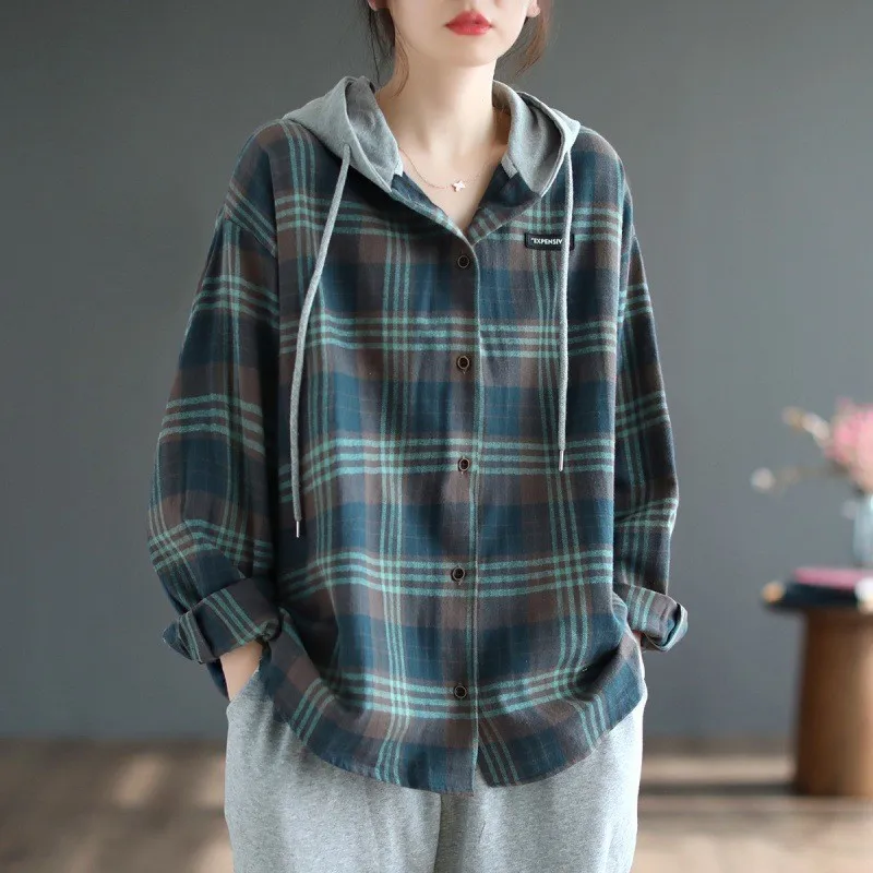 Single Breasted Checkered Long Sleeved Retro Women's Fashionable Loose Casual Plus Size Hooded Shirt Top For Spring And Autumn
Single Breasted Checkered Long Sleeved Retro Women's Fashionable Loose Casual Plus Size Hooded Shirt Top For Spring And Autumn