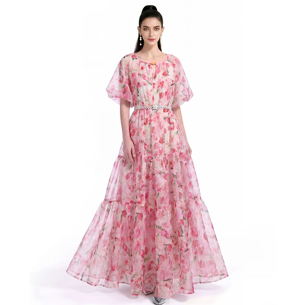 2026 New Pink Tulip Print Organza Maxi Dress Women Flare Sleeve Tiered Ruffle Long Dress with Beaded Belt Elegant Party Evening
2026 New Pink Tulip Print Organza Maxi Dress Women Flare Sleeve Tiered Ruffle Long Dress with Beaded Belt Elegant Party Evening