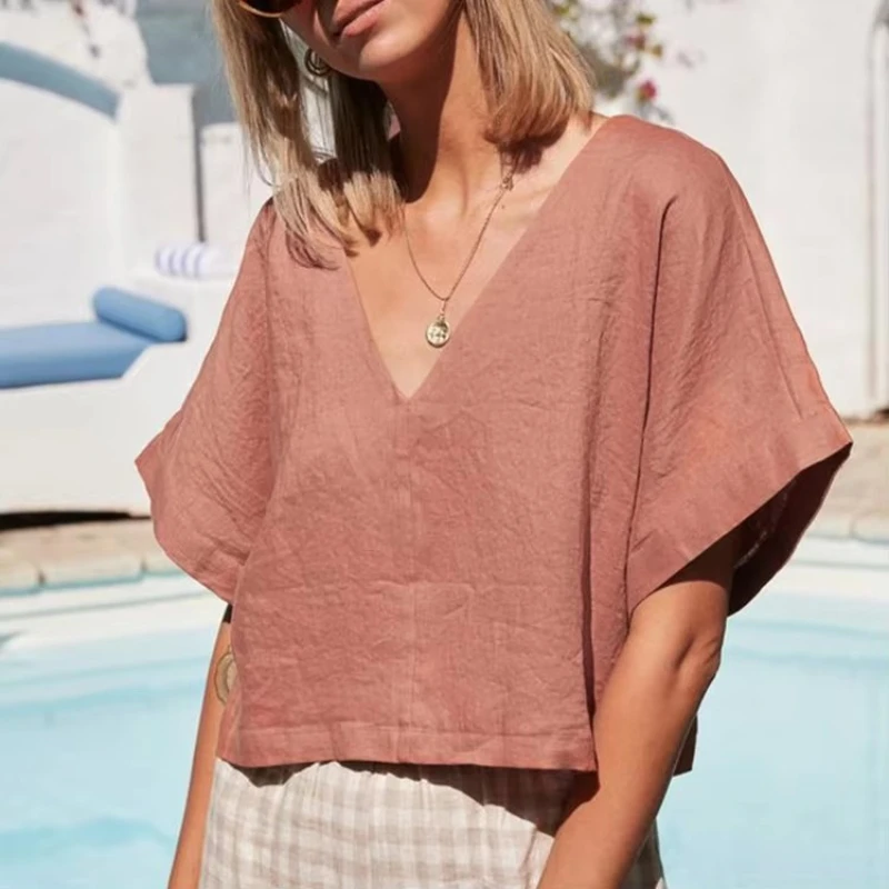 100% Linen V-Neck Backless Tops Women 2025 New Casual Half Sleeve T-Shirt Solid Color Harajuku Loose Summer T-Shirt
100% Linen V-Neck Backless Tops Women 2025 New Casual Half Sleeve T-Shirt Solid Color Harajuku Loose Summer T-Shirt
