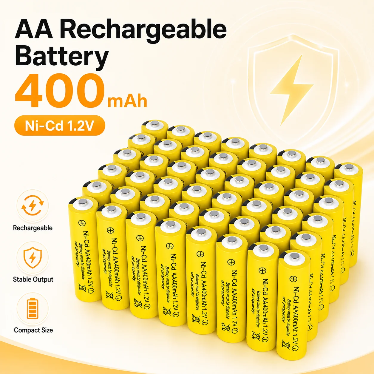 AA Size 1.2V 400mAh Nickel Cadmium Rechargeable Batteries Ni-Cd Cell For Remote Controller Night Light Home Use
AA Size 1.2V 400mAh Nickel Cadmium Rechargeable Batteries Ni-Cd Cell For Remote Controller Night Light Home Use