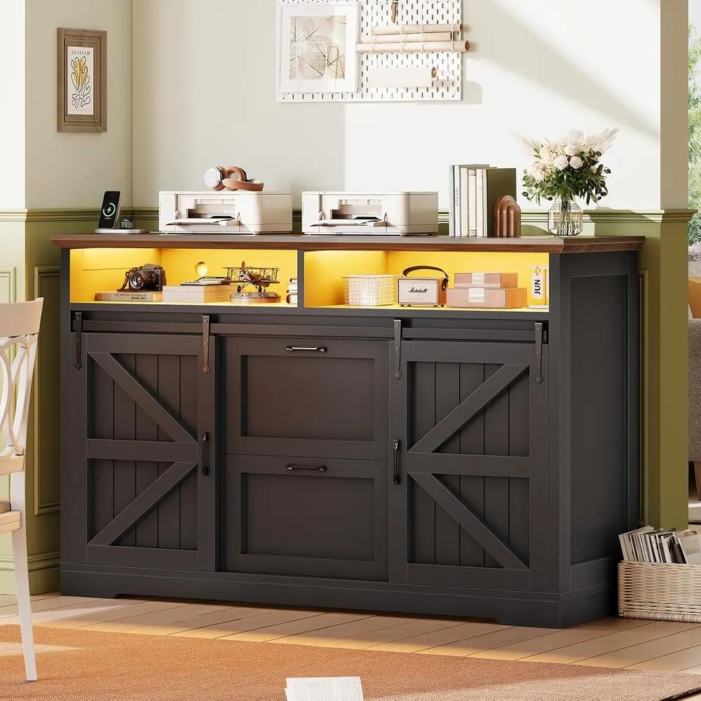 47.2 Cabinet with 2 Drawers, Home Office Legal/Letter/A4 Storage, Barn Door Design, Power Outlets, Printer Stand, LED Lights, Bl
47.2 Cabinet with 2 Drawers, Home Office Legal/Letter/A4 Storage, Barn Door Design, Power Outlets, Printer Stand, LED Lights, Bl