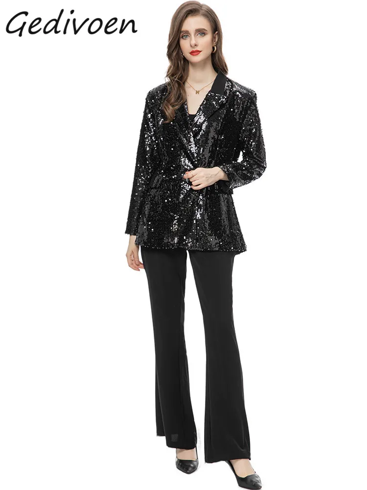 Gedivoen Winter Fashion Designer Black Vintage Pants Set Women's Lapel Sequins Pockets Slim Suit Coat+Flare Trousers 2 Piece Set
Gedivoen Winter Fashion Designer Black Vintage Pants Set Women's Lapel Sequins Pockets Slim Suit Coat+Flare Trousers 2 Piece Set