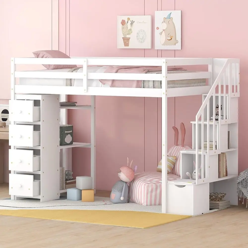 Twin Loft Bed with Stairs, Storage Drawers, Shelves, and Bookcase, Suitable for Kids and Teens, White
Twin Loft Bed with Stairs, Storage Drawers, Shelves, and Bookcase, Suitable for Kids and Teens, White