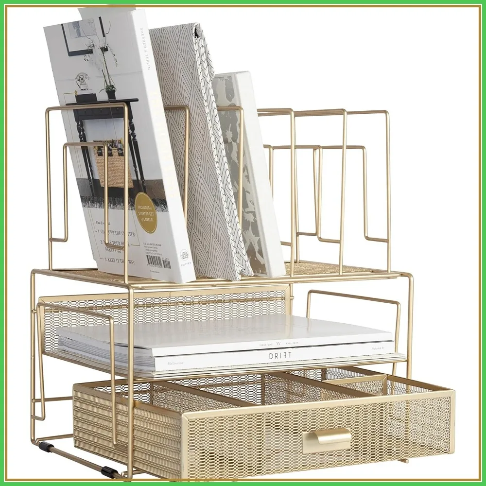 Gold Metal Mesh Desk Organizer with Drawer, Vertical File Holder for Office Supplies, Papers & Folders, 9.3"D x 13"W x 14"H
Gold Metal Mesh Desk Organizer with Drawer, Vertical File Holder for Office Supplies, Papers & Folders, 9.3"D x 13"W x 14"H