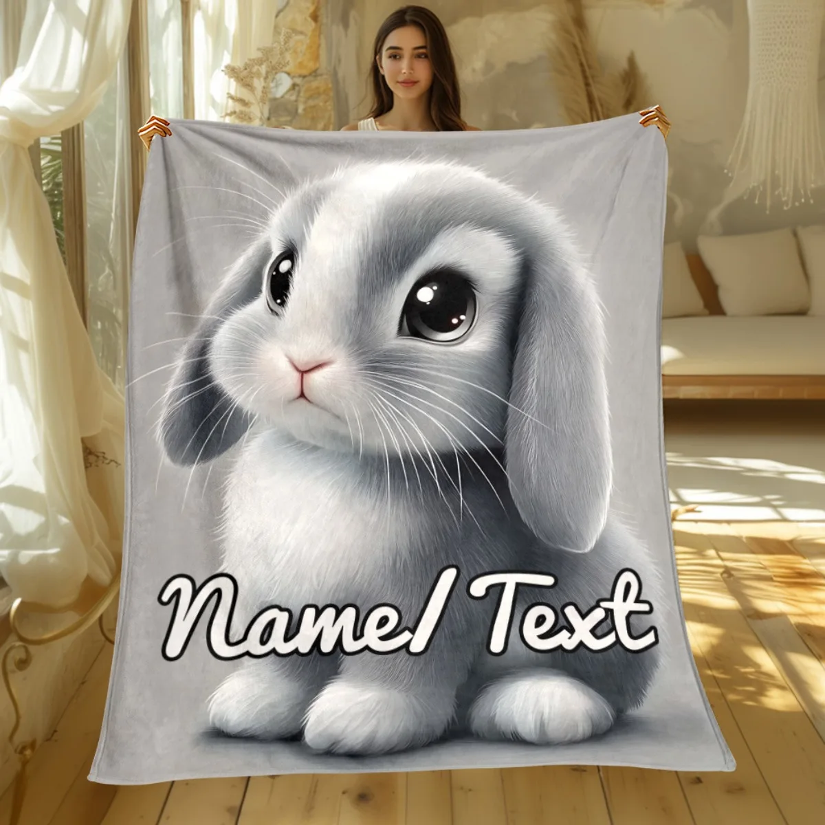 Personalized Custom Name Cute Big-Eyed Gray Drooping Ear Rabbit Blanket Soft Flannel All-Season Cozy Throw for Sofa Bed Travel
Personalized Custom Name Cute Big-Eyed Gray Drooping Ear Rabbit Blanket Soft Flannel All-Season Cozy Throw for Sofa Bed Travel