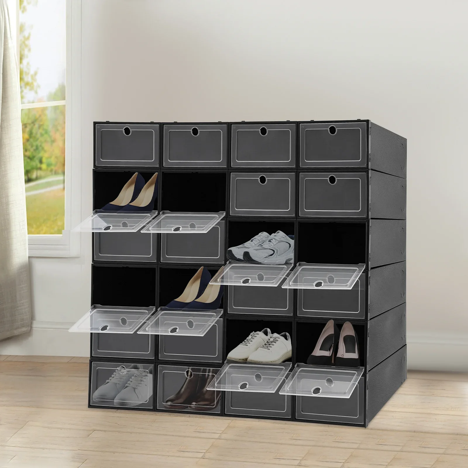 24-Pack Shoe Boxes, Foldable Shoe Boxes with Clear Front Opening Door for Sneakers, Flats Slippers, Sandals and Casual Shoes
24-Pack Shoe Boxes, Foldable Shoe Boxes with Clear Front Opening Door for Sneakers, Flats Slippers, Sandals and Casual Shoes