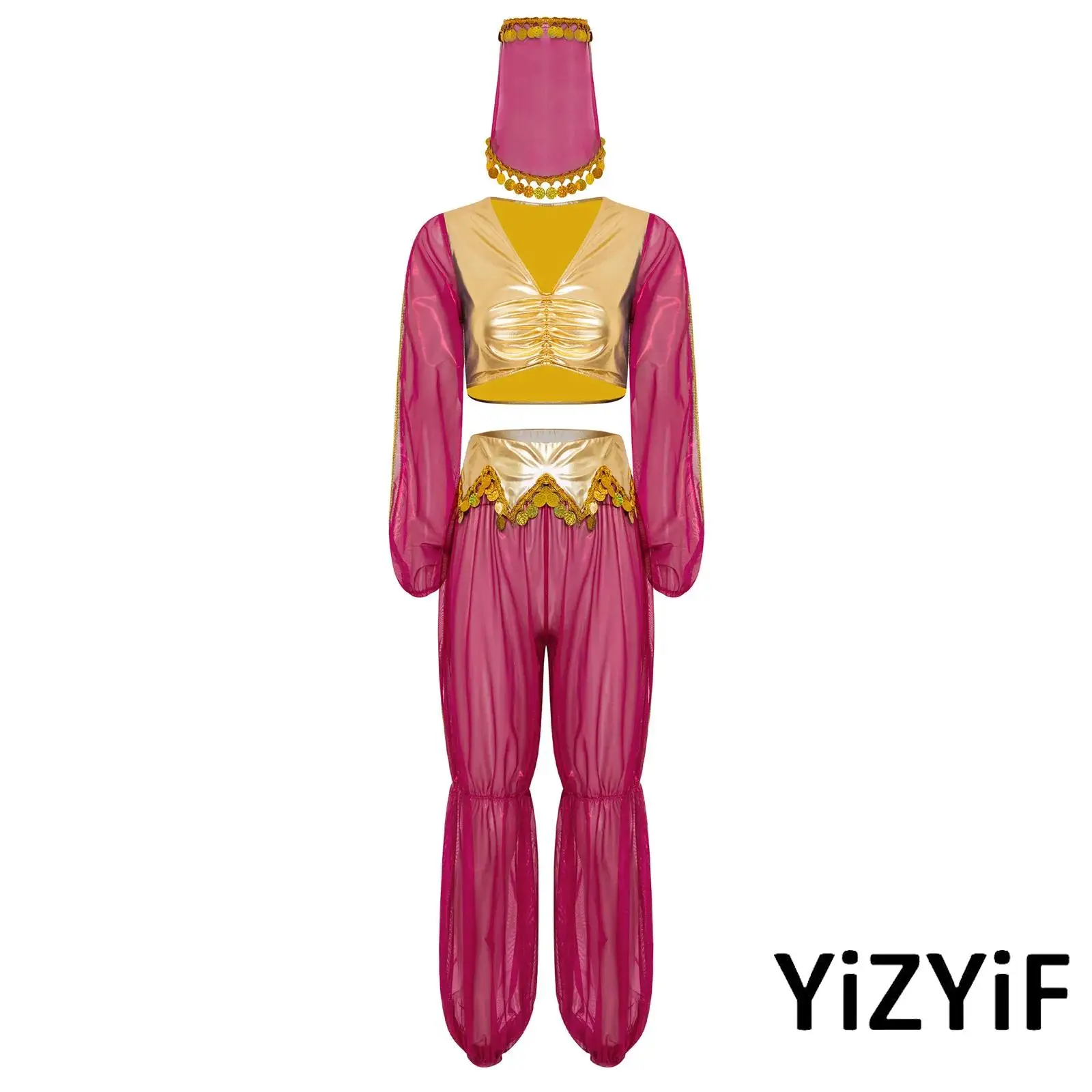 Women Halloween 3Pcs Arab Princess Cosplay Costume Contrast Color Crop Top Sheer Mesh Pants And Veil for Belly Dance Performance
Women Halloween 3Pcs Arab Princess Cosplay Costume Contrast Color Crop Top Sheer Mesh Pants And Veil for Belly Dance Performance