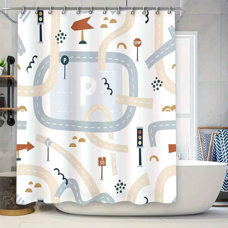Modern Road Map Decorative Shower Curtain Waterproof Fabric for Bathrooms Neutral Tones Traffic Signs Design in Blue/Grey/White
Modern Road Map Decorative Shower Curtain Waterproof Fabric for Bathrooms Neutral Tones Traffic Signs Design in Blue/Grey/White