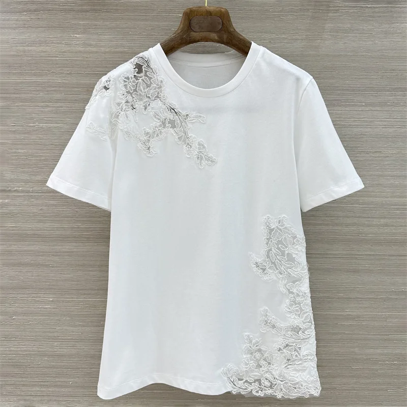 women's t-shirt New lace flower embroidered short sleeved top for summer 2026 Elastic knit slim fit cotton round neck pullover
women's t-shirt New lace flower embroidered short sleeved top for summer 2026 Elastic knit slim fit cotton round neck pullover