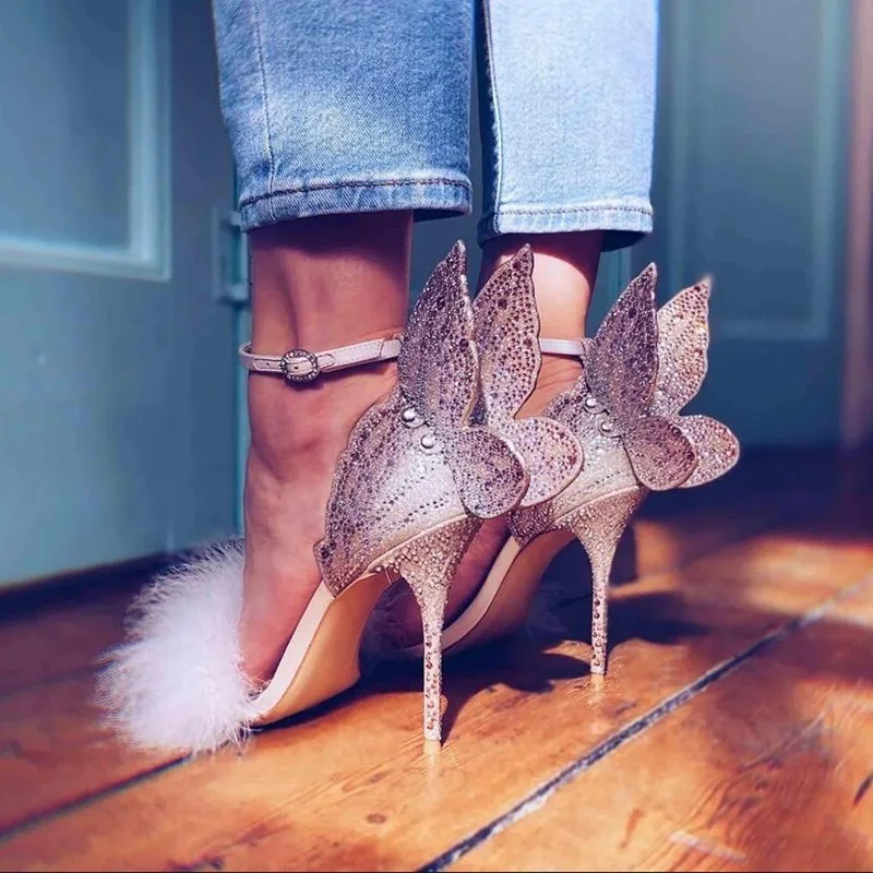 Luxury Rhinstone Wing Butterfly Back High Heel Sandals Open Toe Fur Decor Ankle Strap Bride Evening Celebrating shoes
Luxury Rhinstone Wing Butterfly Back High Heel Sandals Open Toe Fur Decor Ankle Strap Bride Evening Celebrating shoes