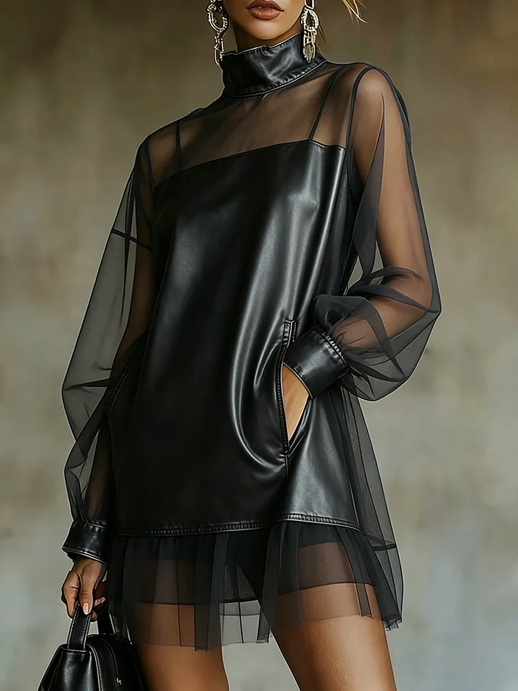 PU Leather Mini Dress For Women Fashion Turtleneck Tulle Patchwork Long Sleeve See Through Party Dresses Femme Chic Vestidos
PU Leather Mini Dress For Women Fashion Turtleneck Tulle Patchwork Long Sleeve See Through Party Dresses Femme Chic Vestidos