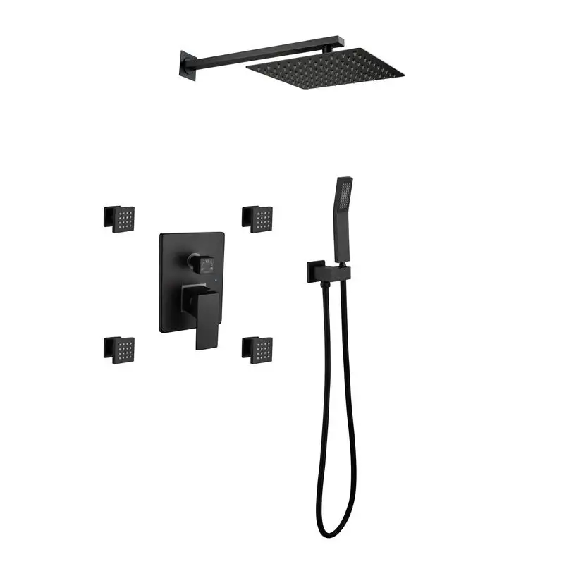 10-Inch Matte Black Shower System with Body Jets, Rainfall Shower Head, Handheld Shower, and 3 Function Pressure Balance Valve
10-Inch Matte Black Shower System with Body Jets, Rainfall Shower Head, Handheld Shower, and 3 Function Pressure Balance Valve