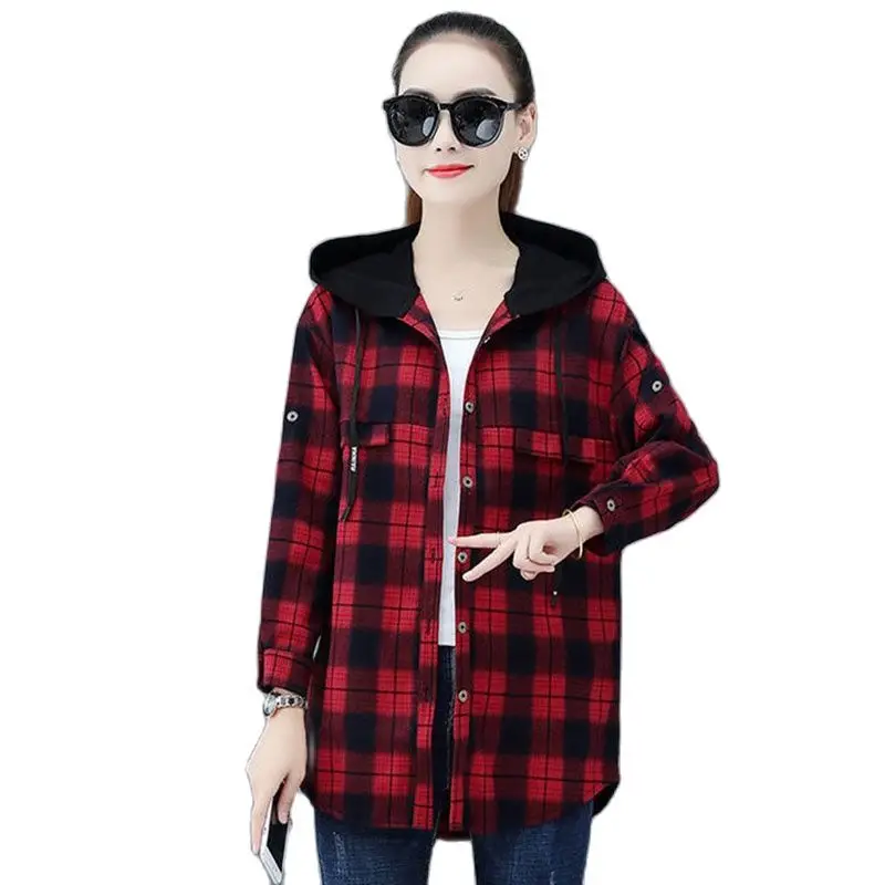 Spring Autumn Fashion Retro Lattice Hooded Long Sleeves Women Shirt Korean Version Medium Long Letter Printing Lady Shirt Coat
Spring Autumn Fashion Retro Lattice Hooded Long Sleeves Women Shirt Korean Version Medium Long Letter Printing Lady Shirt Coat