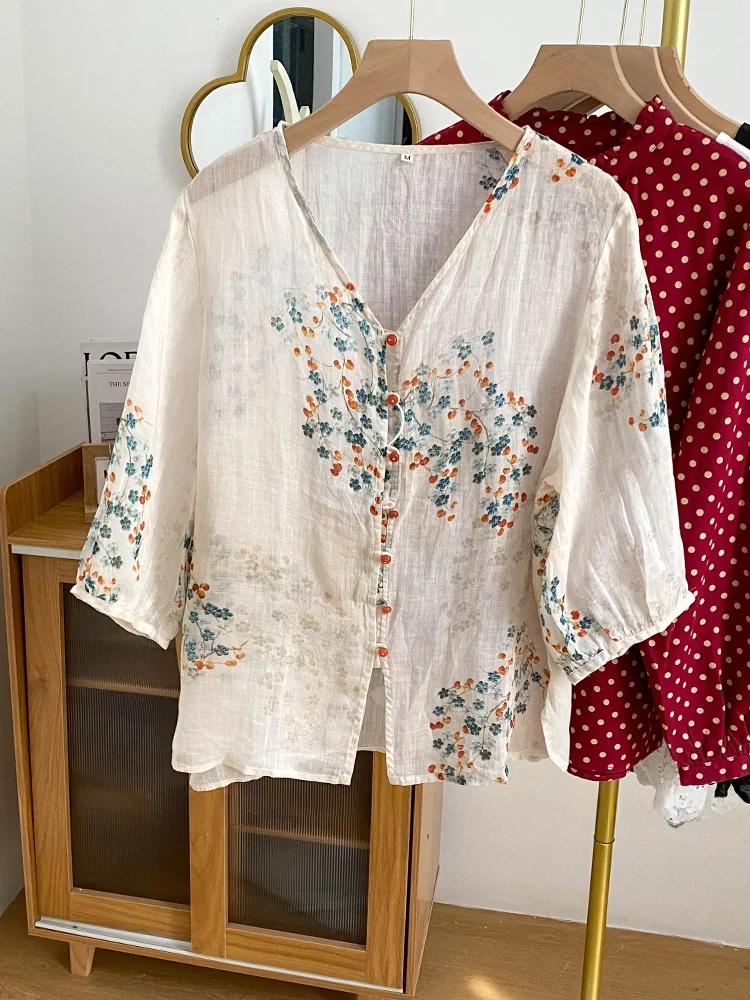 Retro Print V-Neck Linen Cotton Shirt Women Loose Five-Sleeve Cotton Linen Small Top Summer Style Commute Style Loose Fit
Retro Print V-Neck Linen Cotton Shirt Women Loose Five-Sleeve Cotton Linen Small Top Summer Style Commute Style Loose Fit