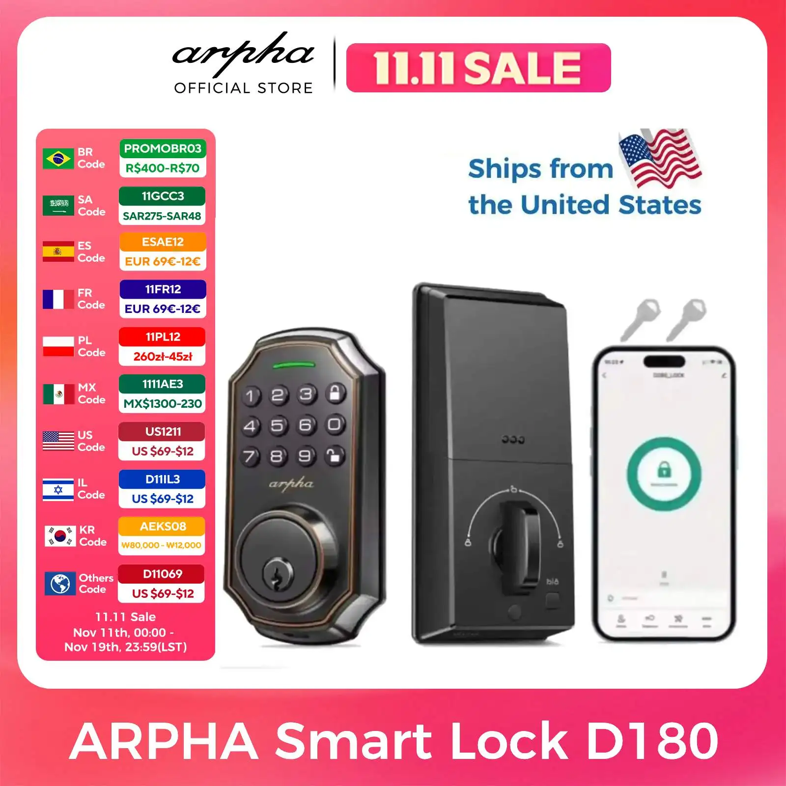 Arpha Smart Door Lock Keyless Entry Lock w/ 100 Code 16-Digit Anti Peeping Password Electronic Deadbolt Easy to Install D180
Arpha Smart Door Lock Keyless Entry Lock w/ 100 Code 16-Digit Anti Peeping Password Electronic Deadbolt Easy to Install D180