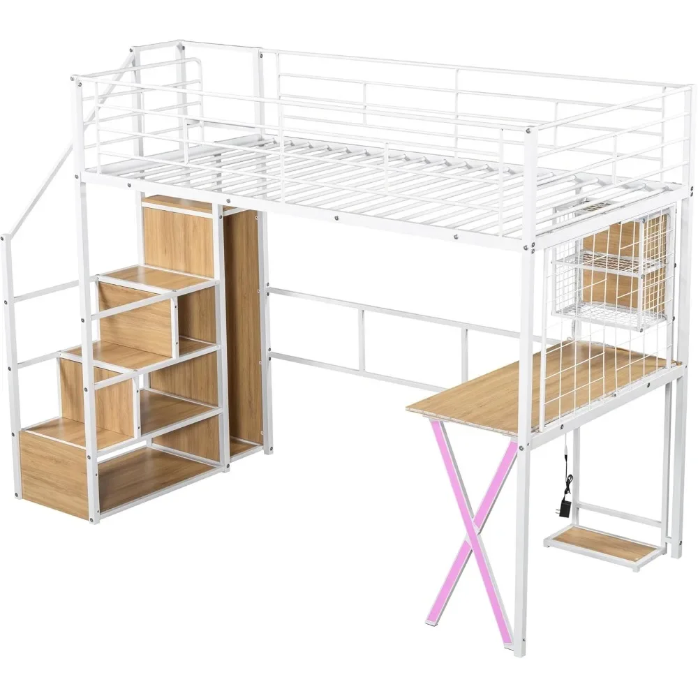 Metal Loft Bed Twin Size for Kids Teens Adults, Twin Size Loft Bed with Storage Staircase, Work Station, Wardrobe and LED, White
Metal Loft Bed Twin Size for Kids Teens Adults, Twin Size Loft Bed with Storage Staircase, Work Station, Wardrobe and LED, White