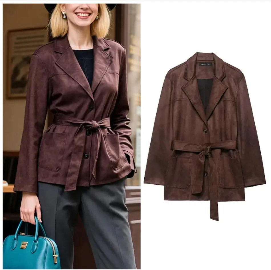 Fashion Belt Suede Jacket Women Solid Lapel Long Sleeve Single-breasted Pockets Slim Coat Autumn Casual Pocket Suede Jacket
Fashion Belt Suede Jacket Women Solid Lapel Long Sleeve Single-breasted Pockets Slim Coat Autumn Casual Pocket Suede Jacket