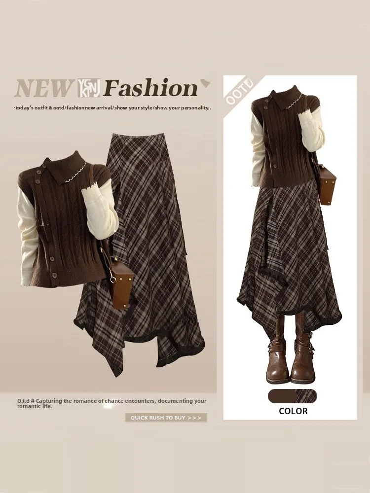 Retro Plaid Asymmetrical Skirt Set Knitted Collar Two-Piece Suit Autumn Winter Color Blo Vintage Sle Women's Faion
Retro Plaid Asymmetrical Skirt Set Knitted Collar Two-Piece Suit Autumn Winter Color Blo Vintage Sle Women's Faion