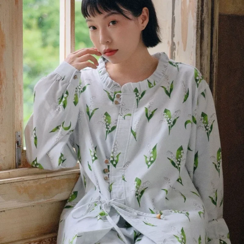Women's French Style Pure Cotton Pajama Set with Ruffle Neck Puff Sleeve Floral Print Soft Sweet Loungewear Home Wear
Women's French Style Pure Cotton Pajama Set with Ruffle Neck Puff Sleeve Floral Print Soft Sweet Loungewear Home Wear