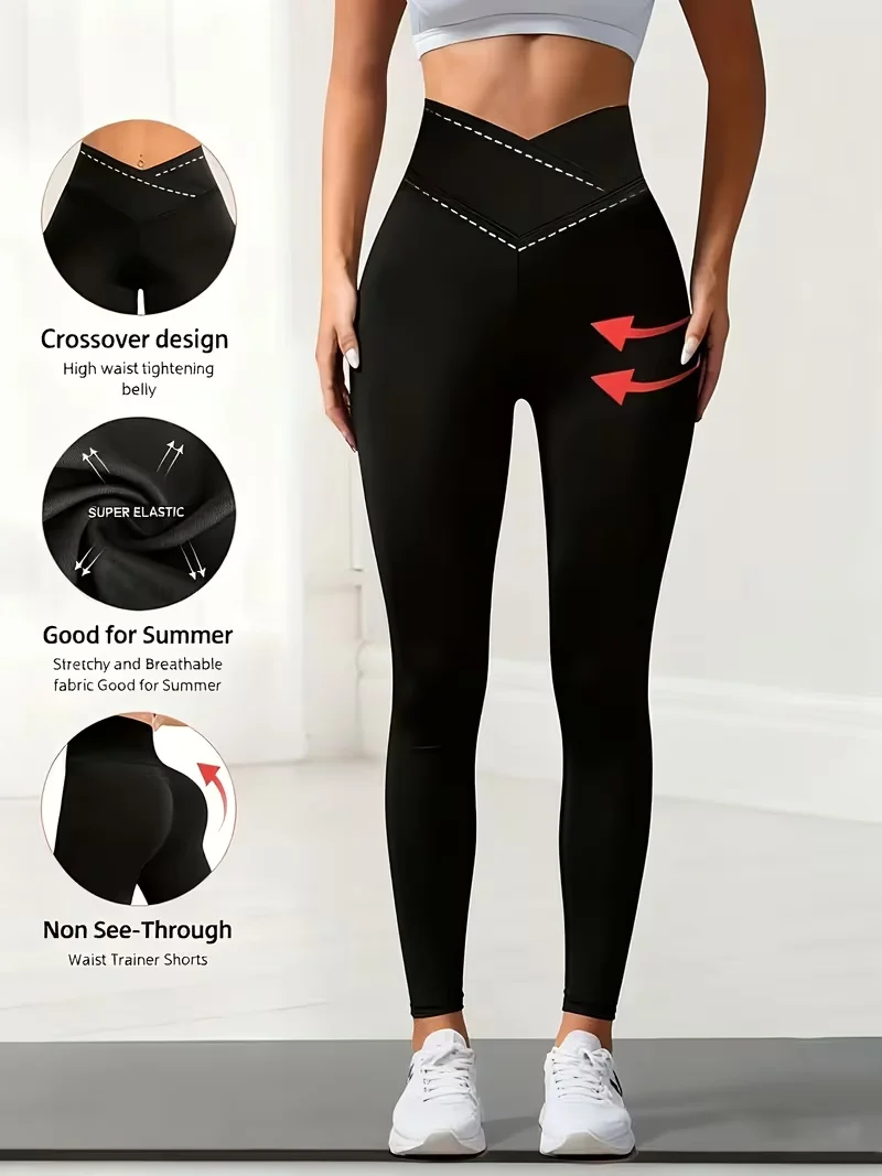 Cross Waist Skinny Pants, Hip Lifting Yoga Pants, Tummy Control Slim Capri Pants, Regular Fit, Solid Non See Through Fabric
Cross Waist Skinny Pants, Hip Lifting Yoga Pants, Tummy Control Slim Capri Pants, Regular Fit, Solid Non See Through Fabric