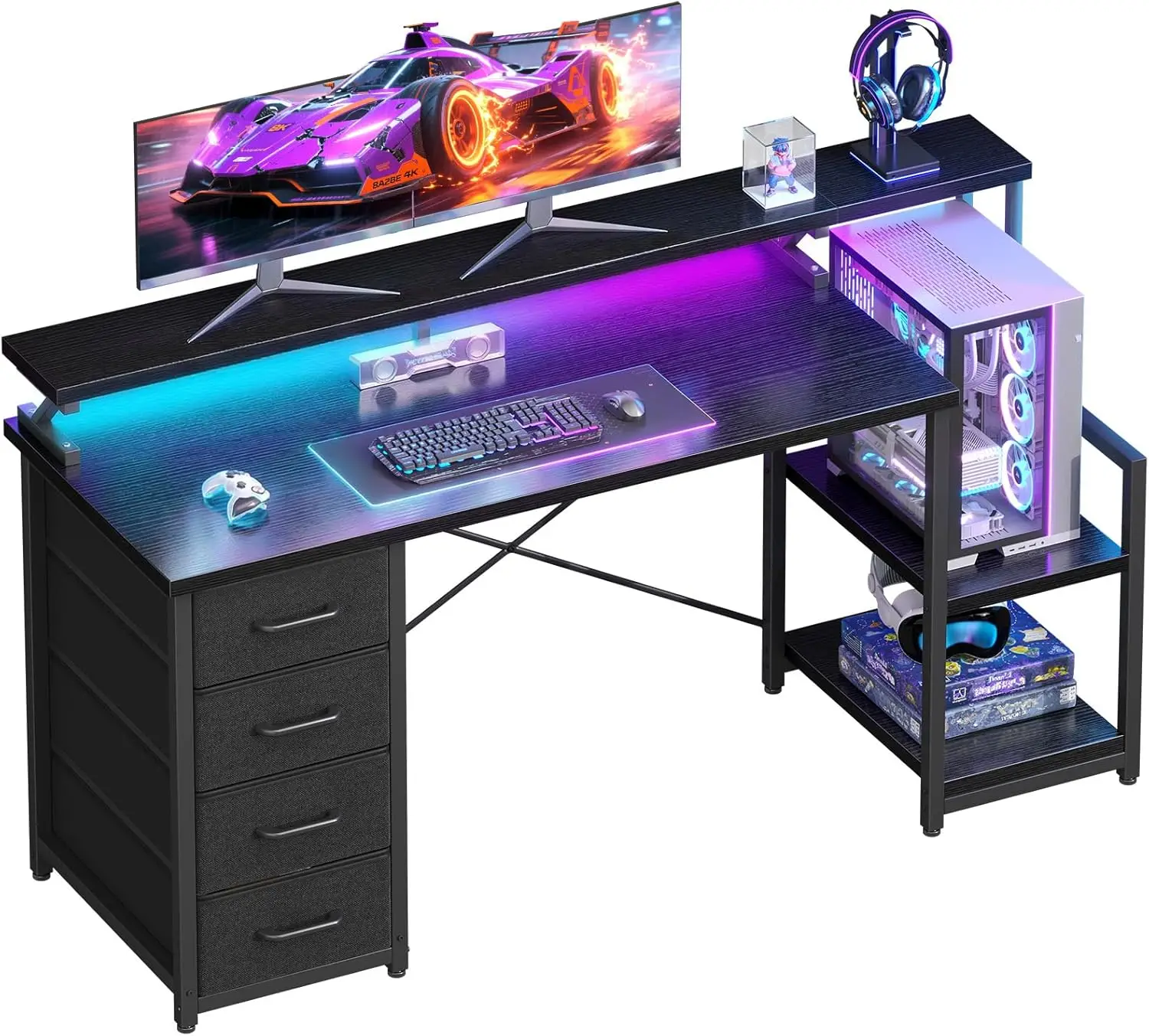 55 Inch Computer Desk with 4 Drawers, LED Lights & Storage Shelves, Large Writing Table for Home Office Gaming, Black
55 Inch Computer Desk with 4 Drawers, LED Lights & Storage Shelves, Large Writing Table for Home Office Gaming, Black
