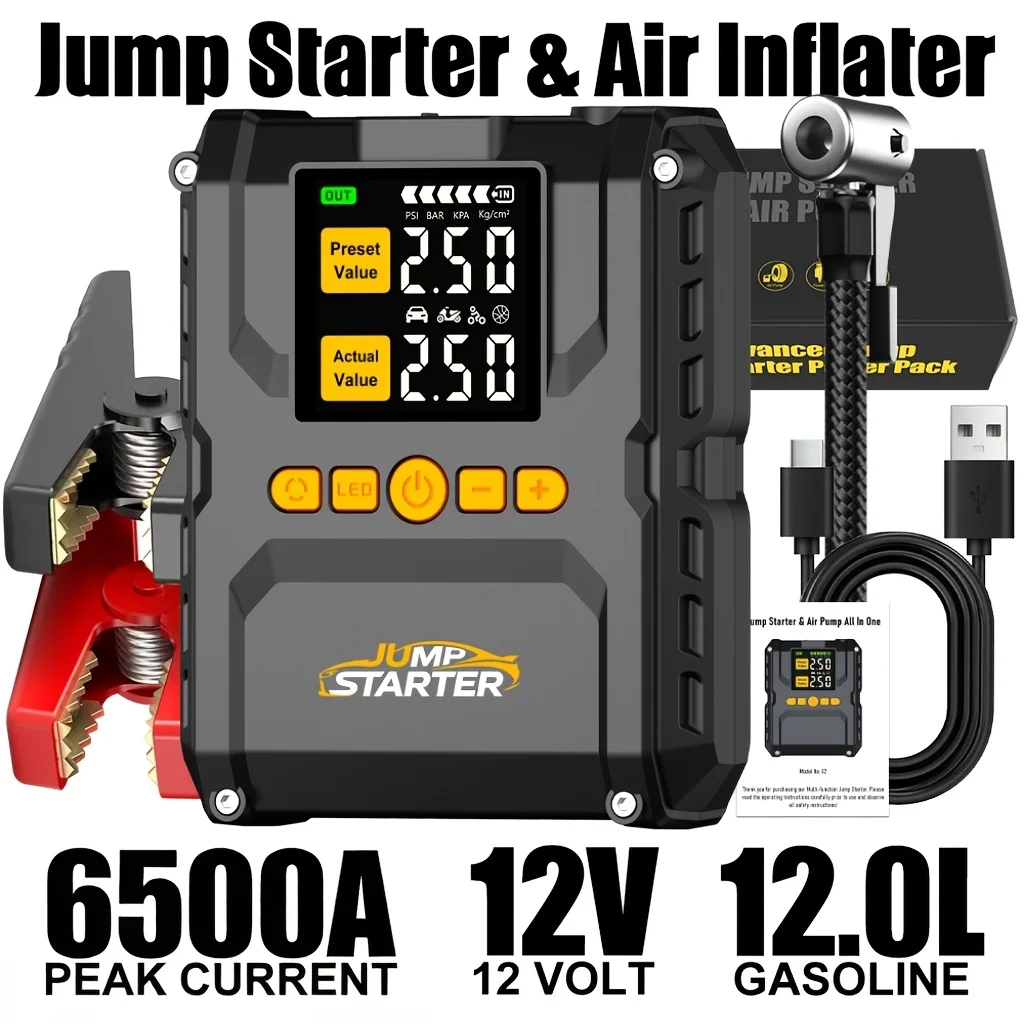 6500A Fast Jump Starter with Integrated 150PSI Tire Inflator, Portable Power Bank for Car, LED Emergency Flashlight, Smart Safety Protection, QC 3.0 USB Charging, Built-in Air Compressor, Battery Booster for 3.17gal Gas and 2.11gal Diesel Engine
6500A Fast Jump Starter with Integrated 150PSI Tire Inflator, Portable Power Bank for Car, LED Emergency Flashlight, Smart Safety Protection, QC 3.0 USB Charging, Built-in Air Compressor, Battery Booster for 3.17gal Gas and 2.11gal Diesel Engine