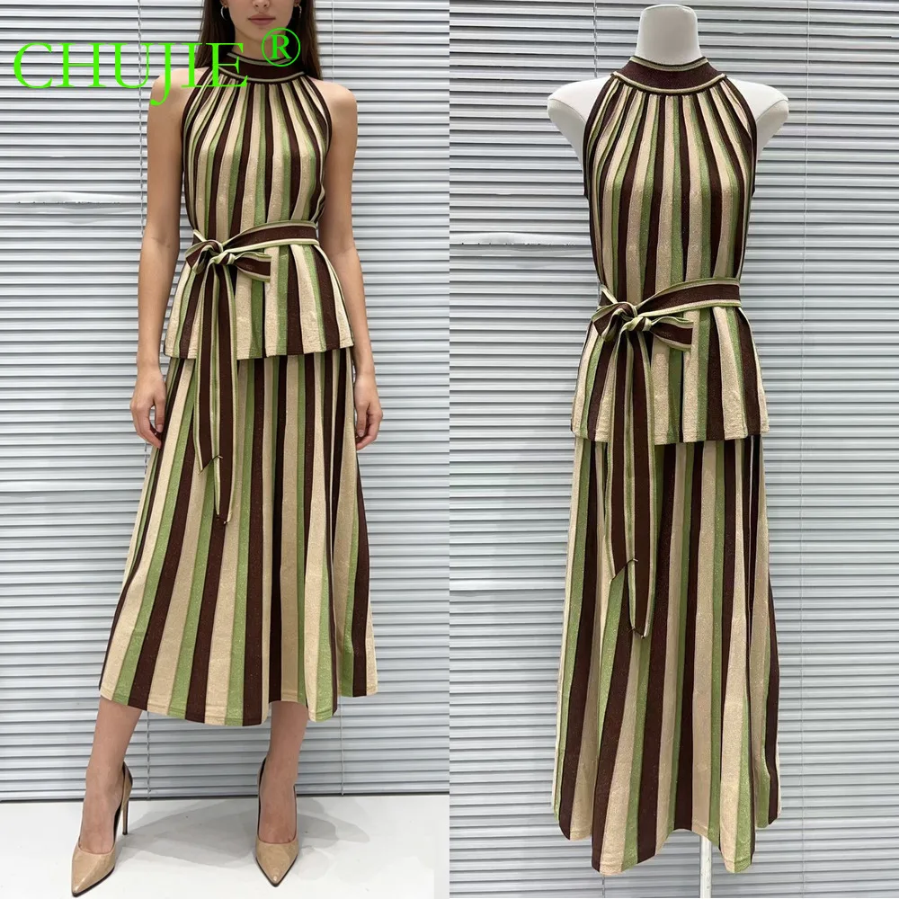 CHUJIE 2026 Summer New : European And American Style Striped Contrast Color Knit Tie-Neck Sleeveless Top + Skirt Set
CHUJIE 2026 Summer New : European And American Style Striped Contrast Color Knit Tie-Neck Sleeveless Top + Skirt Set