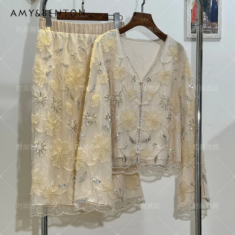 2024 Autumn New V-neck Long-sleeved Top Blouse Beaded Sequined French Medium And Long Flower Lace Skirt Women's Kawaii Clothes
2024 Autumn New V-neck Long-sleeved Top Blouse Beaded Sequined French Medium And Long Flower Lace Skirt Women's Kawaii Clothes