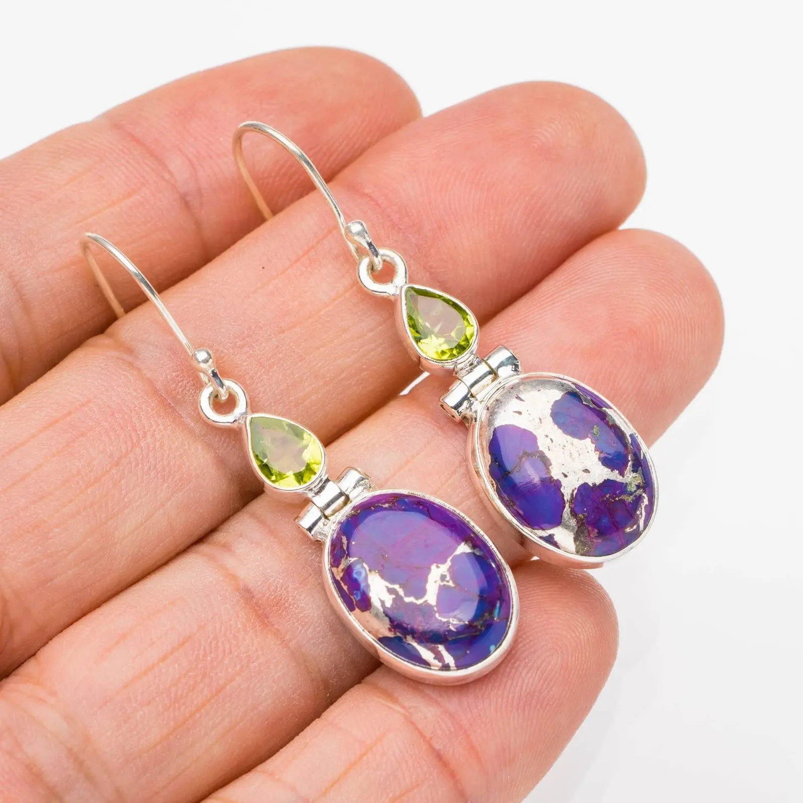 StarGems® Natural Copper Turquoise Peridot Handmade 925 Sterling Silver Earrings 1.75" E6754
StarGems® Natural Copper Turquoise Peridot Handmade 925 Sterling Silver Earrings 1.75" E6754