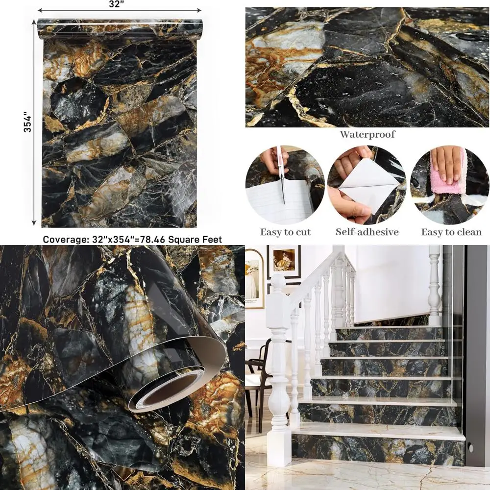 Large Black and Gold Marble Peel & Stick Wallpaper for Countertops, Waterproof and Removable, Ideal for Bathrooms, Bedrooms, and
Large Black and Gold Marble Peel & Stick Wallpaper for Countertops, Waterproof and Removable, Ideal for Bathrooms, Bedrooms, and