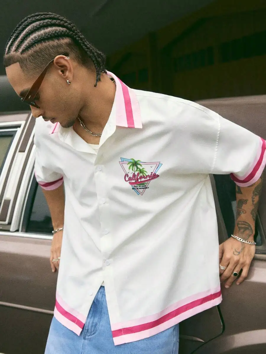 Men's Loose Fit Short Sleeve Woven Shirt with Palm Tree Graphic, Casual Streetwear Style
Men's Loose Fit Short Sleeve Woven Shirt with Palm Tree Graphic, Casual Streetwear Style