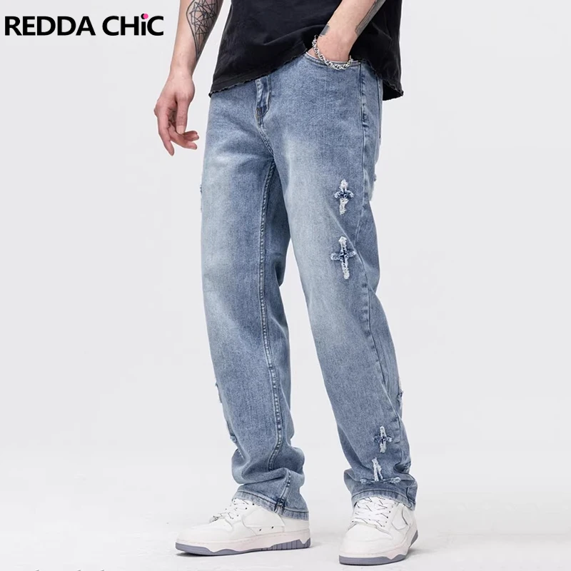REDDACHIC Cross Patched Man Straight Jeans Plus Size Raw Edge Light Wash Pockets Solid Pants Casual Vintage Korean Streetwear
REDDACHIC Cross Patched Man Straight Jeans Plus Size Raw Edge Light Wash Pockets Solid Pants Casual Vintage Korean Streetwear
