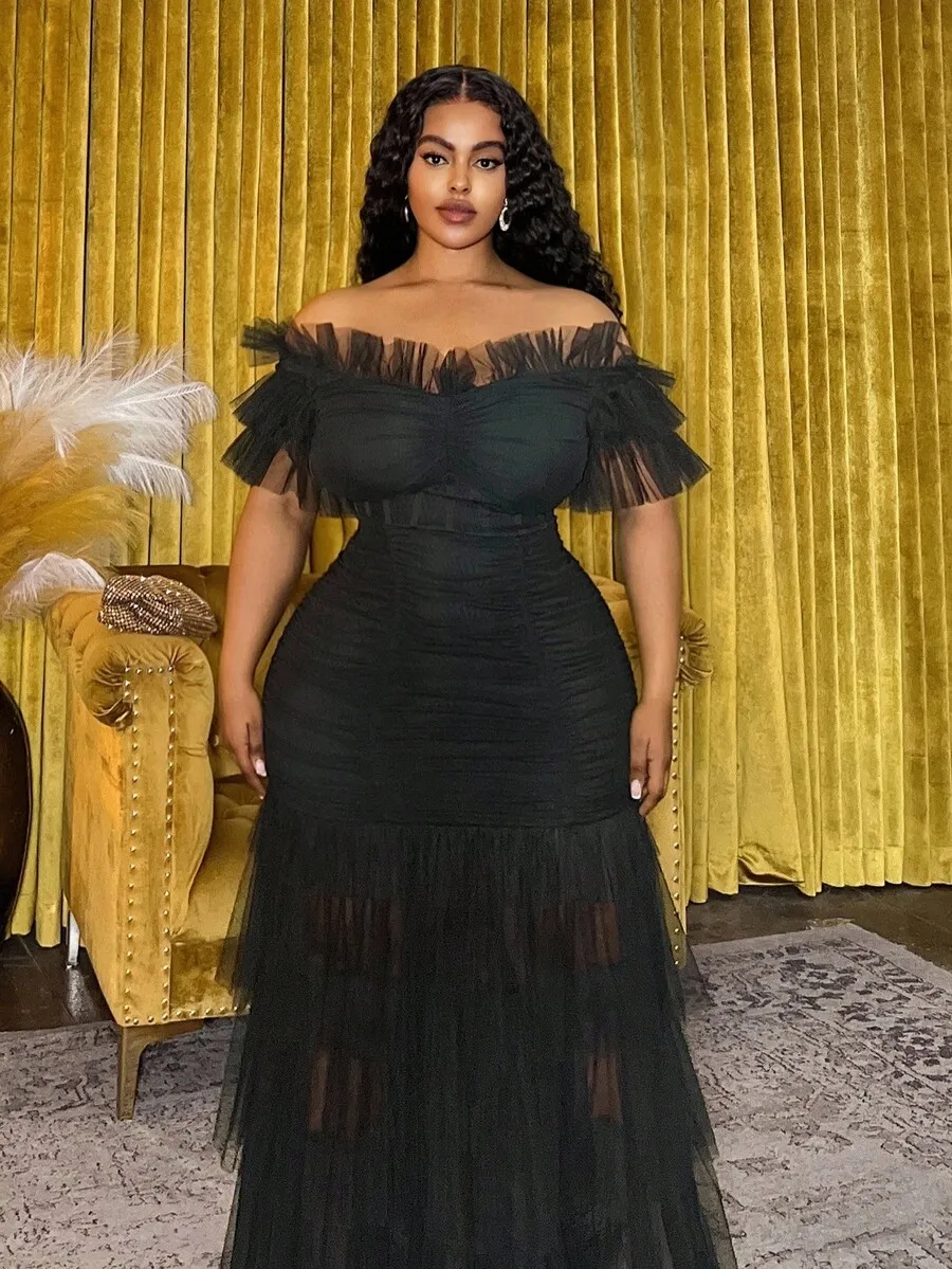 Plus Size Black Off-Shoulder Maxi Dress With Sheer Ruffle Sleeves, Elastic Waist, Tiered Tulle Skirt For Festivals And Formal
Plus Size Black Off-Shoulder Maxi Dress With Sheer Ruffle Sleeves, Elastic Waist, Tiered Tulle Skirt For Festivals And Formal