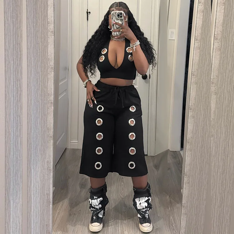 Streetwear 2 Piece Sets for Woman Club Outfits Party Hollow Out Halter V-neck Vest Crop Top and Calf-length Pants Matching Sets
Streetwear 2 Piece Sets for Woman Club Outfits Party Hollow Out Halter V-neck Vest Crop Top and Calf-length Pants Matching Sets