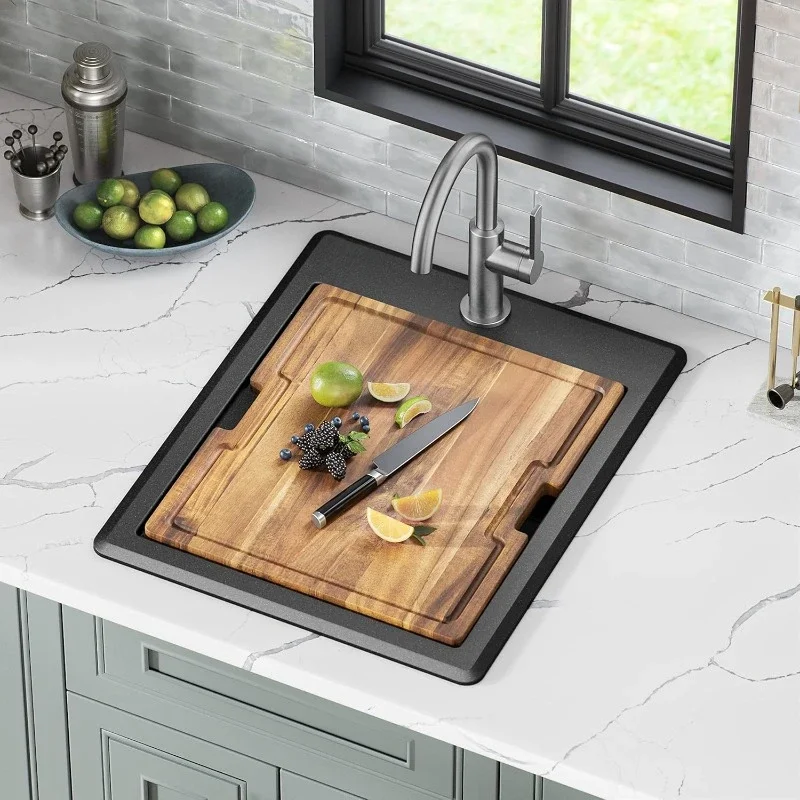 18-inch Granite Workstation Drop In Top Mount Single Bowl Kitchen Sink in Metallic Black with Accessories
18-inch Granite Workstation Drop In Top Mount Single Bowl Kitchen Sink in Metallic Black with Accessories