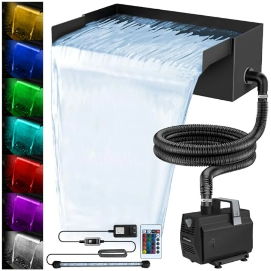 Outdoor water feature kit: stainless steel spillway, black finish, all-in-one waterfall with LED lights, 12-inch size, 880GPH p
Outdoor water feature kit: stainless steel spillway, black finish, all-in-one waterfall with LED lights, 12-inch size, 880GPH p