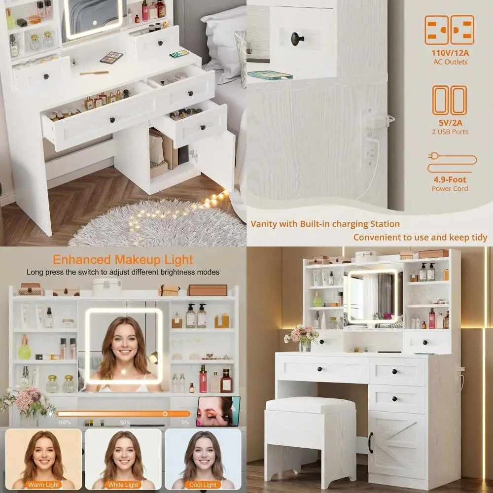 Lighted Mirror Vanity Desk with Storage, Makeup Table with Drawers, Cabinet, Shelves, Power Outlet, Stool, White
Lighted Mirror Vanity Desk with Storage, Makeup Table with Drawers, Cabinet, Shelves, Power Outlet, Stool, White