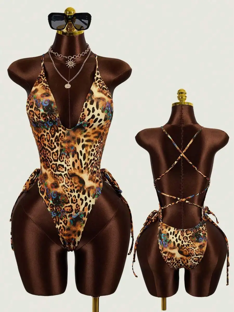 Leopard Print One Piece Swimsuit Deep V Neck Cross Back High Cut Leg Beach Swimwear
Leopard Print One Piece Swimsuit Deep V Neck Cross Back High Cut Leg Beach Swimwear