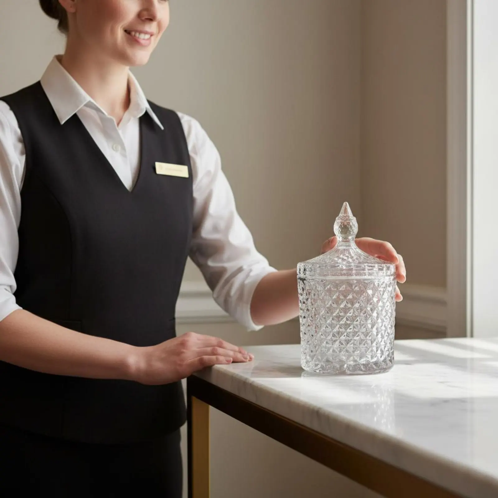 Faceted Pattern Candy Jar With Lid Decorative Glass Jar Countertop Decor Gold Detail for Living Room, Hotel Lobby
Faceted Pattern Candy Jar With Lid Decorative Glass Jar Countertop Decor Gold Detail for Living Room, Hotel Lobby