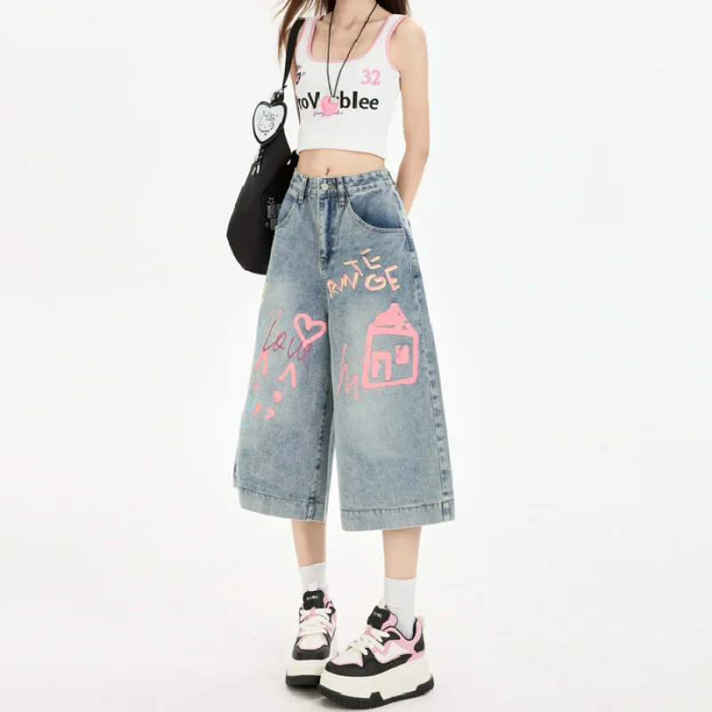 Graffiti Denim Cropped Pants for Women, Summer American Style Wide-Leg Pants, Loose Straight Street Casual Shorts
Graffiti Denim Cropped Pants for Women, Summer American Style Wide-Leg Pants, Loose Straight Street Casual Shorts