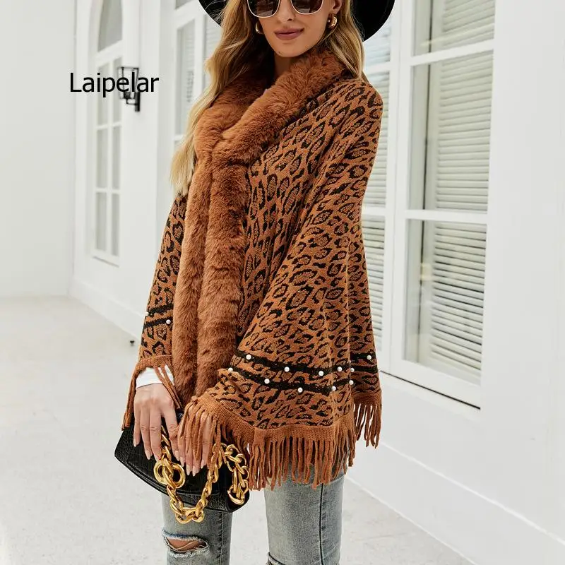 Women Coats Jackets For Winter Leopard Color Faux Fur Collar Thick Warm Knitted Capes & Ponchos Autumn Outwear Knitwear
Women Coats Jackets For Winter Leopard Color Faux Fur Collar Thick Warm Knitted Capes & Ponchos Autumn Outwear Knitwear