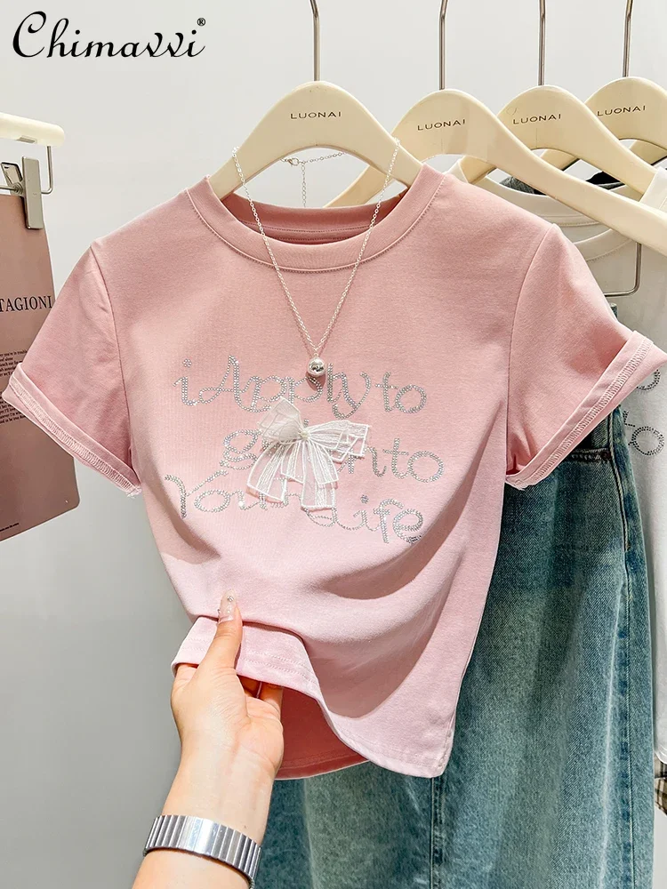 Pink Bow Rhinestone Short Sleeve T-shirt Female 2024 Summer Clothes New Slim-fit American Retro Cropped Tee Tops All-match
Pink Bow Rhinestone Short Sleeve T-shirt Female 2024 Summer Clothes New Slim-fit American Retro Cropped Tee Tops All-match