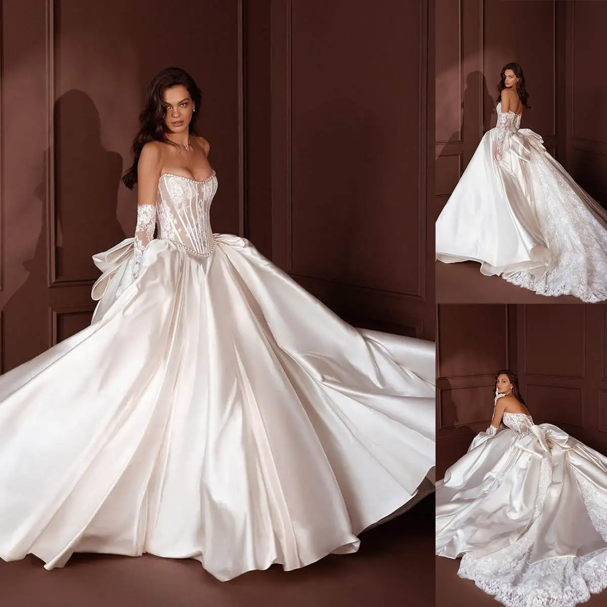 Fashion A Line Wedding Dress Strapless Applique Pearls Lace Bride Gowns Sweep Train Satin Bridal Dresses Custom Made
Fashion A Line Wedding Dress Strapless Applique Pearls Lace Bride Gowns Sweep Train Satin Bridal Dresses Custom Made