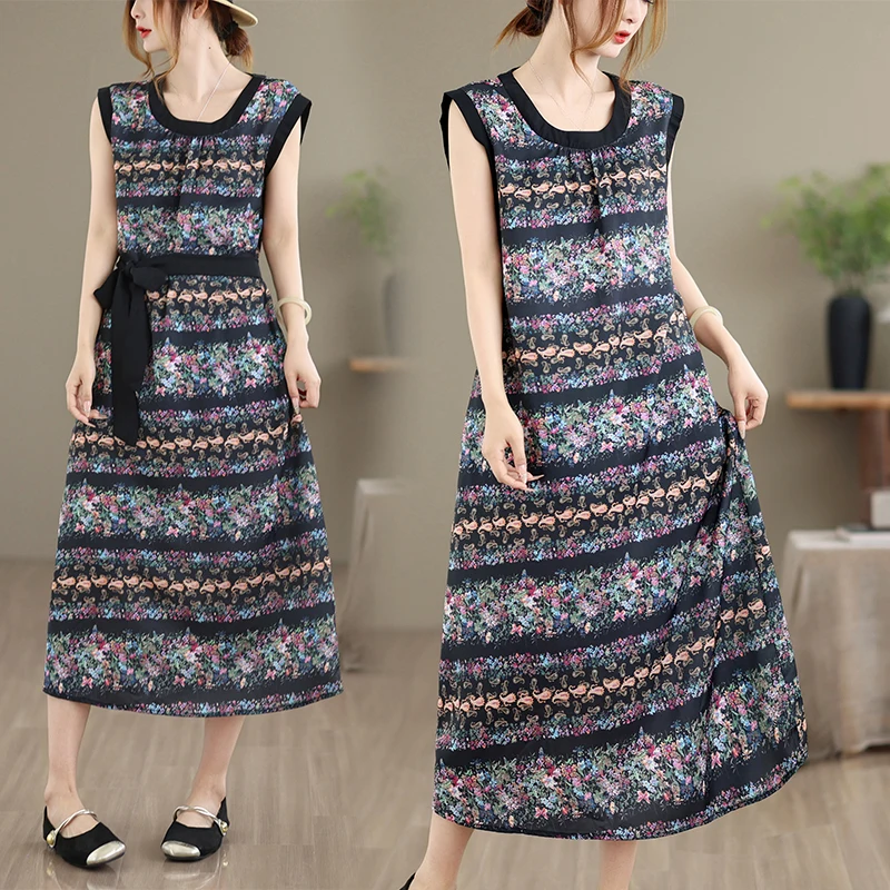 Elegant Hepburn Style Summer New Retro Print Fashion Casual round Neck Mid-Length Sleeveless Vest Dress Polyester Cotton Blend
Elegant Hepburn Style Summer New Retro Print Fashion Casual round Neck Mid-Length Sleeveless Vest Dress Polyester Cotton Blend